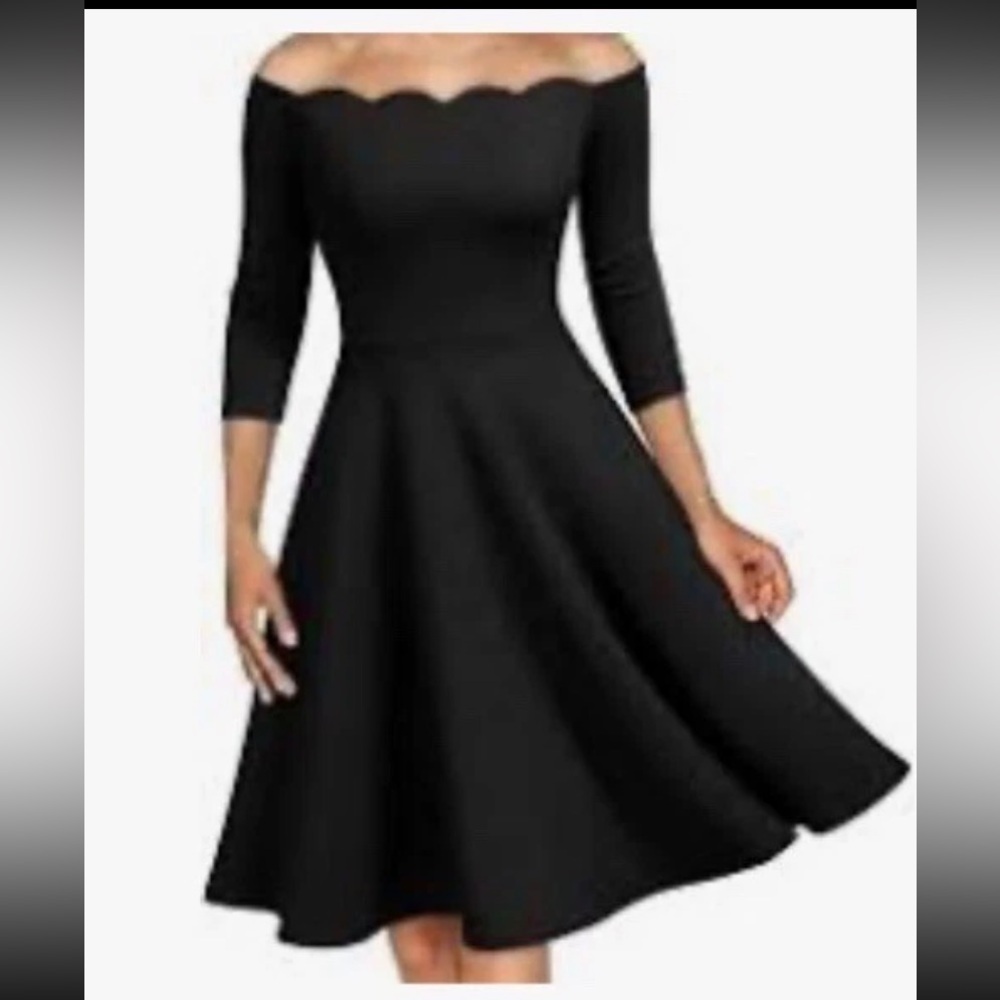 MISSMAY Retro Scallop Boat Neck Black Swing Dress Large - Picture 3 of 15